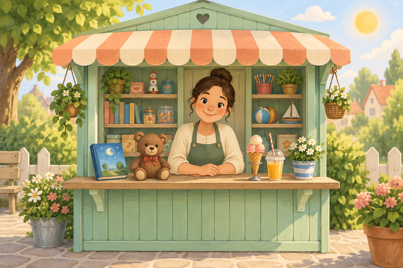 Ein sonniger Kiosk mit einem Buch, einem Teddybären und Eis mit Getränk.